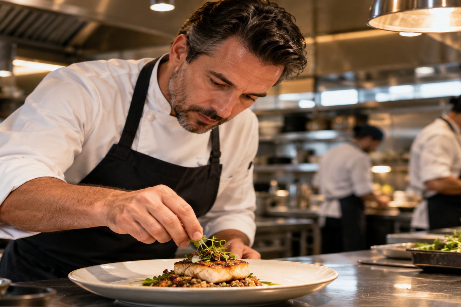 Professional chef plating a gourmet dish in a commercial kitchen