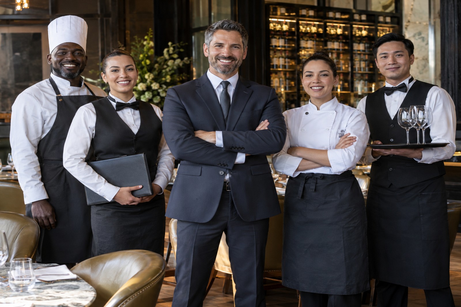 Professional hospitality team standing together in an elegant restaurant