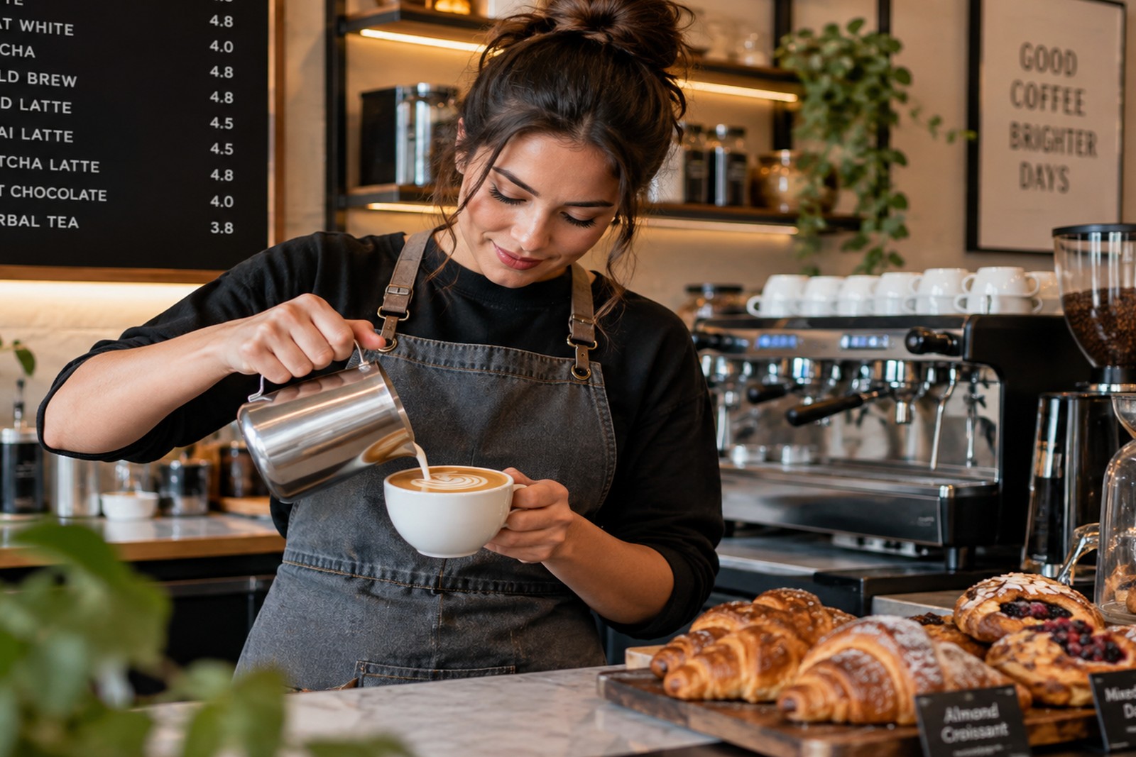 Skilled barista preparing coffee in a modern café environment
