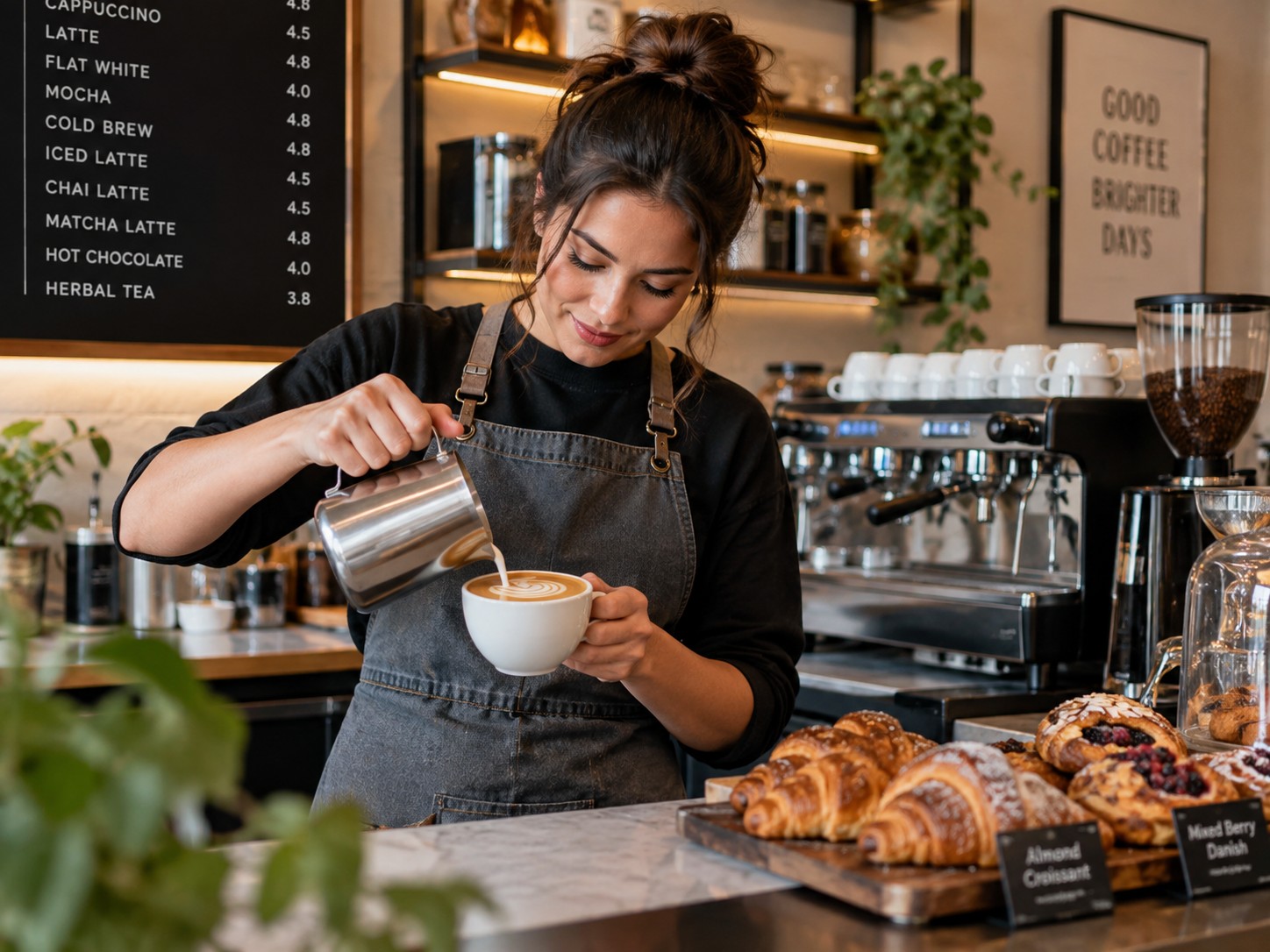 Close-up of a barista extracting espresso on a commercial coffee machine