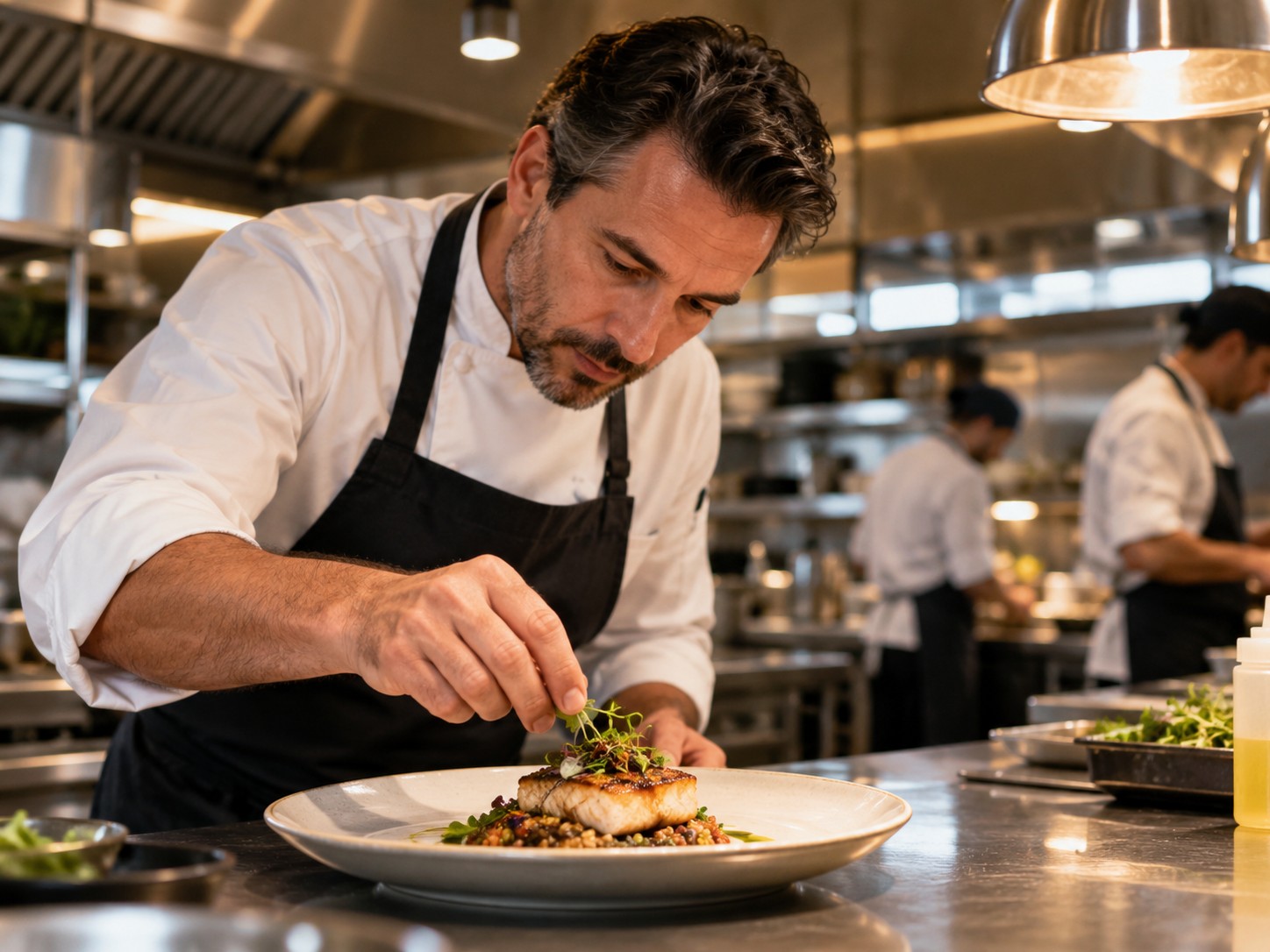 Two professional chefs working together in a commercial restaurant kitchen
